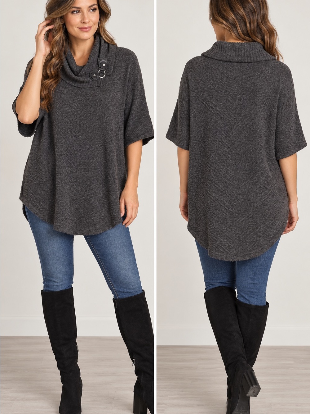 Dana Buchman Charcoal Gray Cowl Neck Poncho Sweater Tunic Size Medium